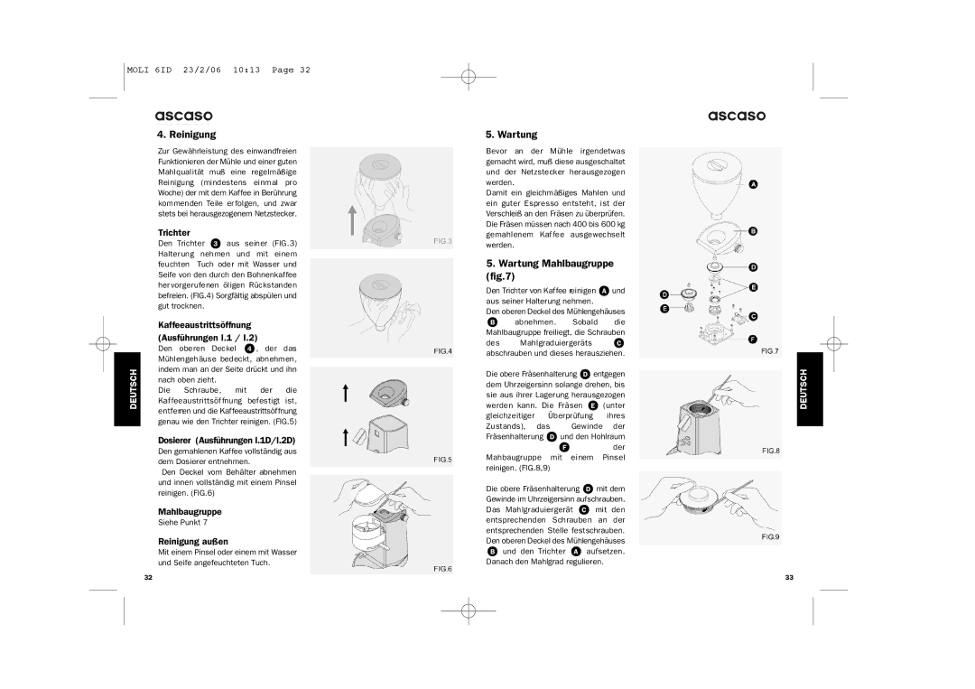 Ascaso Factory ESPRESSO COFFEE GRINDER system manual Reinigung, Wartung Mahlbaugruppe 