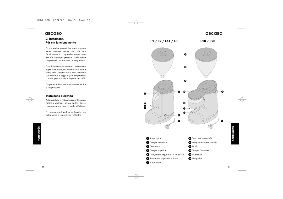 Ascaso Factory ESPRESSO COFFEE GRINDER system manual Instalação Pôr em funcionamento, Instalação eléctrica 