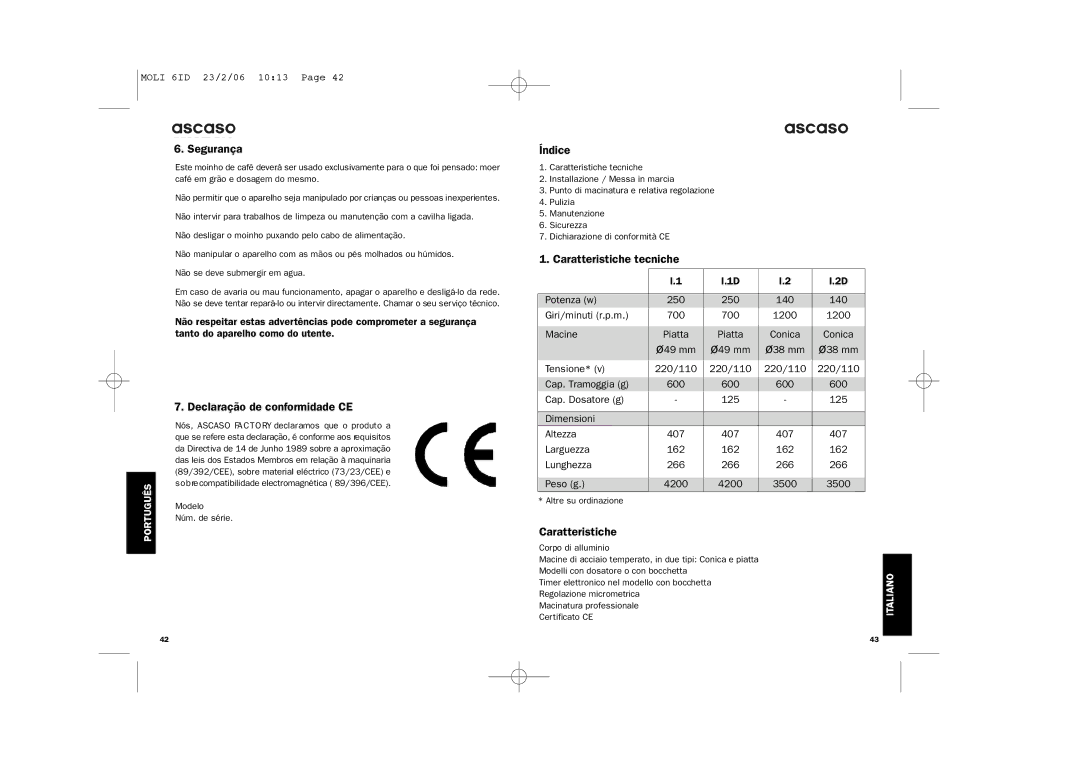 Ascaso Factory ESPRESSO COFFEE GRINDER system manual Segurança, Declaração de conformidade CE, Caratteristiche tecniche 