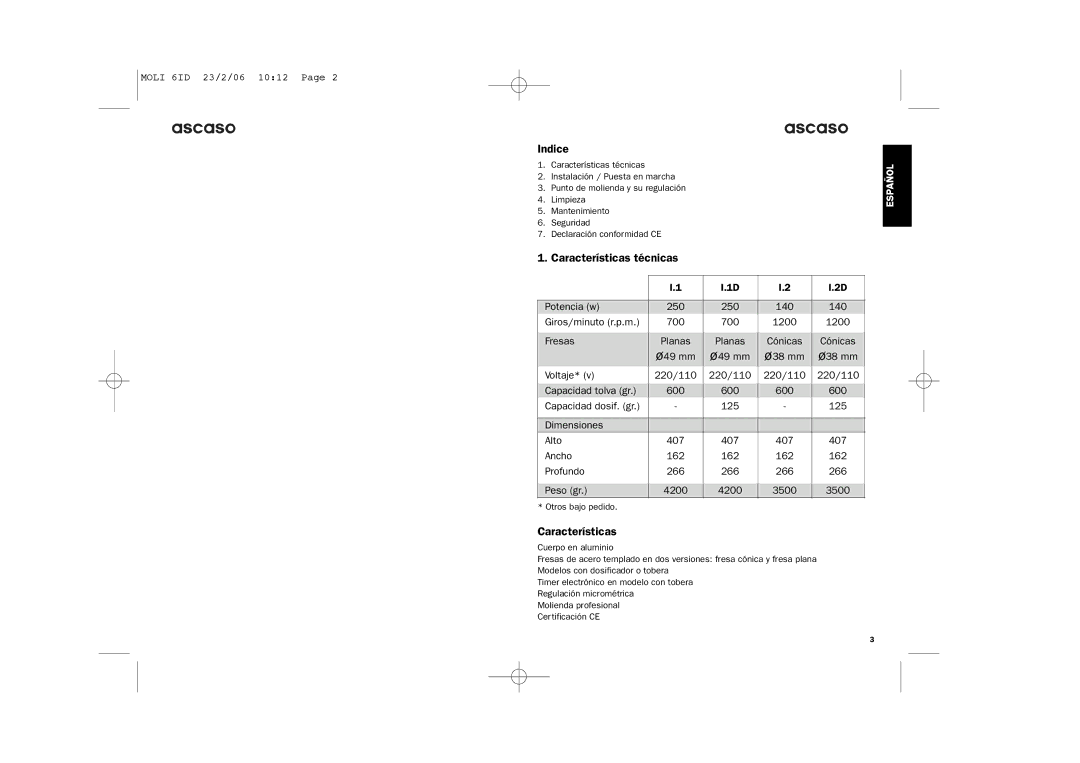 Ascaso Factory ESPRESSO COFFEE GRINDER system manual Indice, Características técnicas 