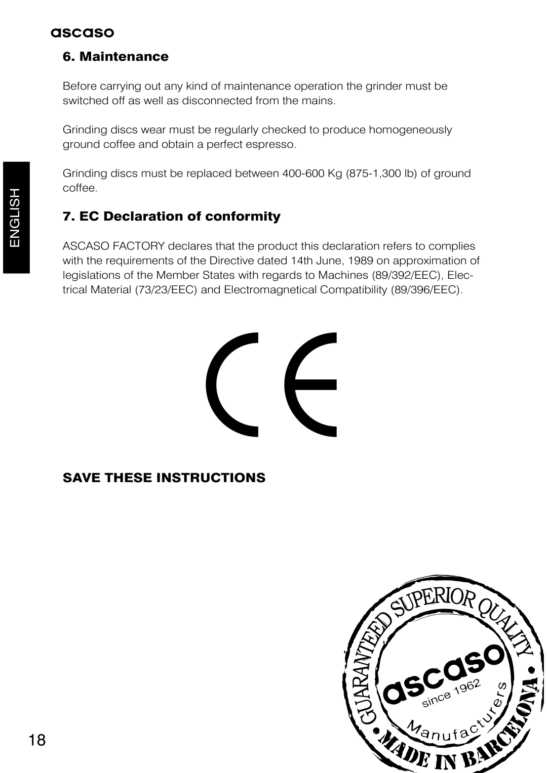 Ascaso Factory Professional System user manual Maintenance, EC Declaration of conformity 