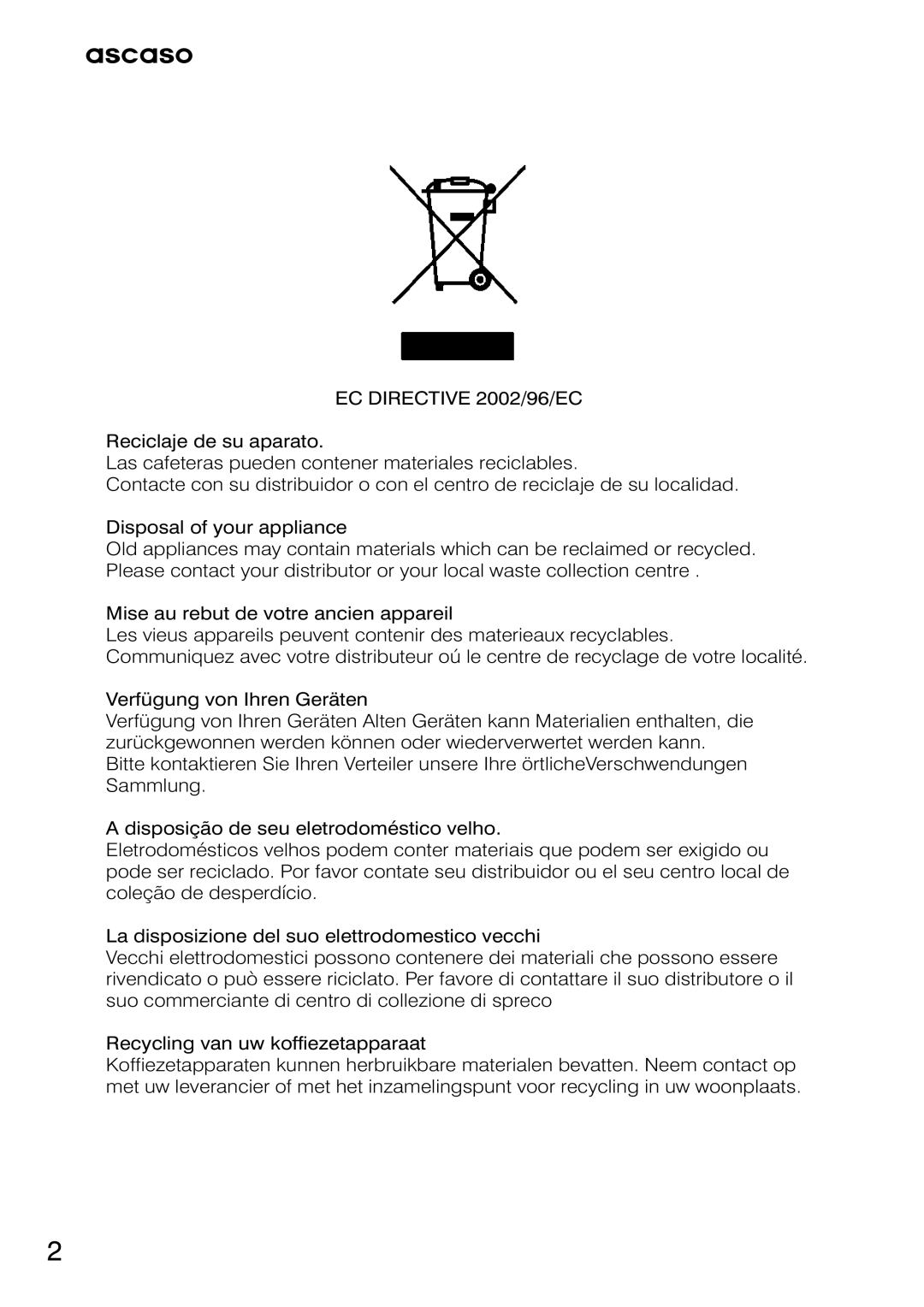 Ascaso Factory Professional System user manual EC Directive 2002/96/EC 