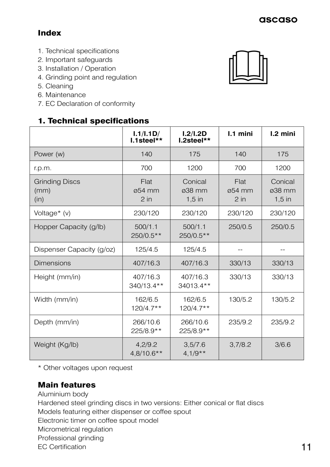 Ascaso Factory Professional System user manual Index, Technical specifications, Main features 