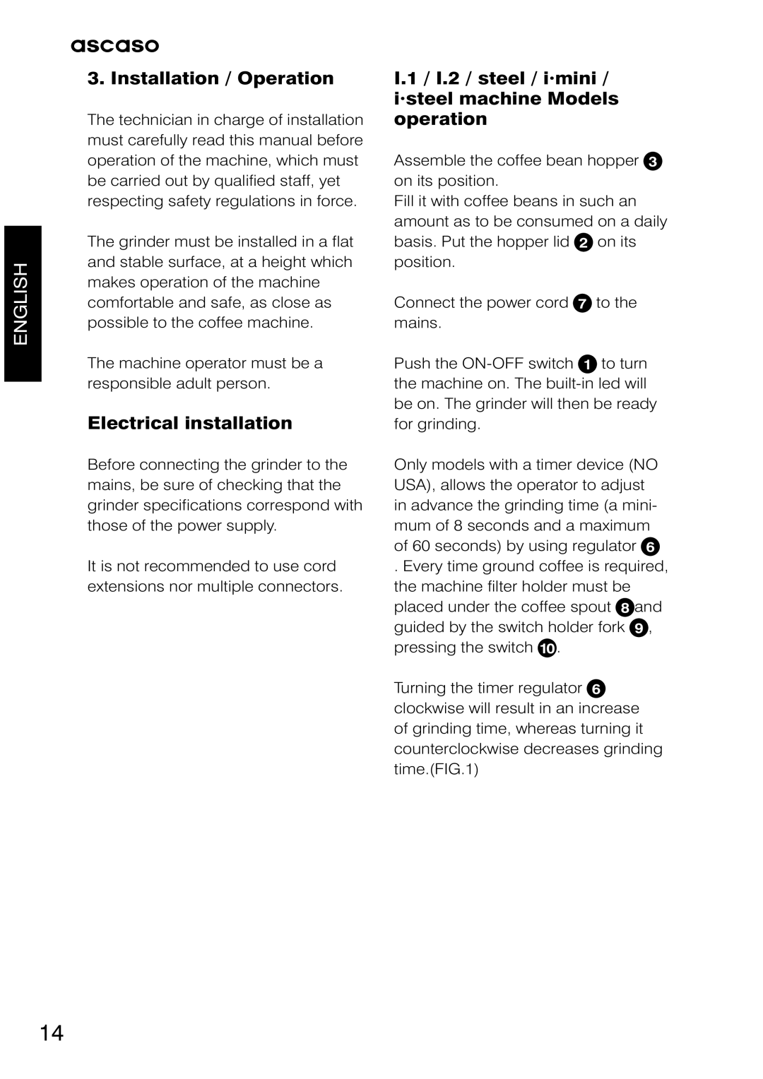 Ascaso Factory Professional System user manual Installation / Operation, Electrical installation 