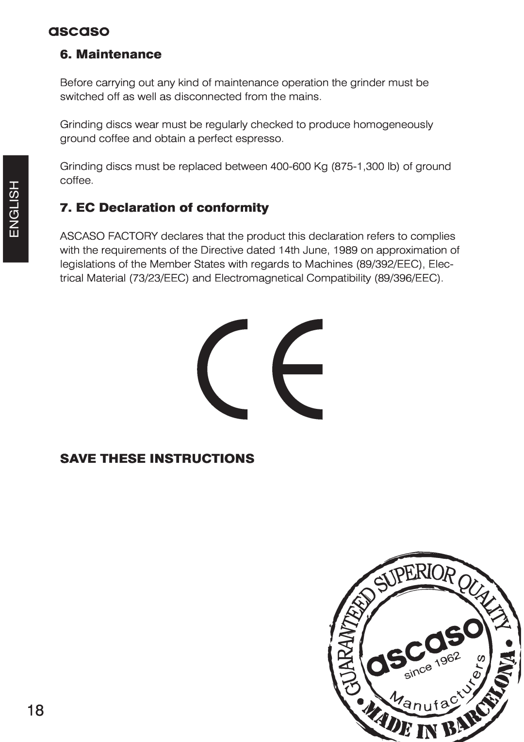 Ascaso Factory Professional System user manual Maintenance, EC Declaration of conformity, Save These Instructions, English 