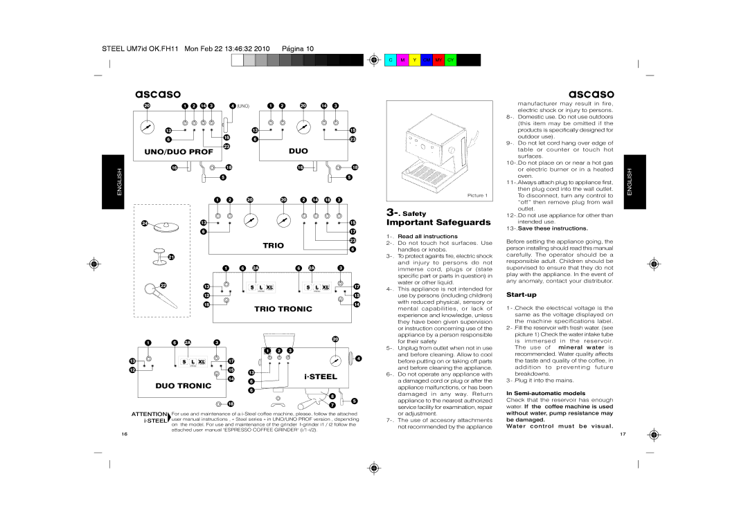 Ascaso Factory 2CSIN, SUbfVbr2, 2CDPA, 2CSDB manual Safety, Start-up, Semi-automatic models 