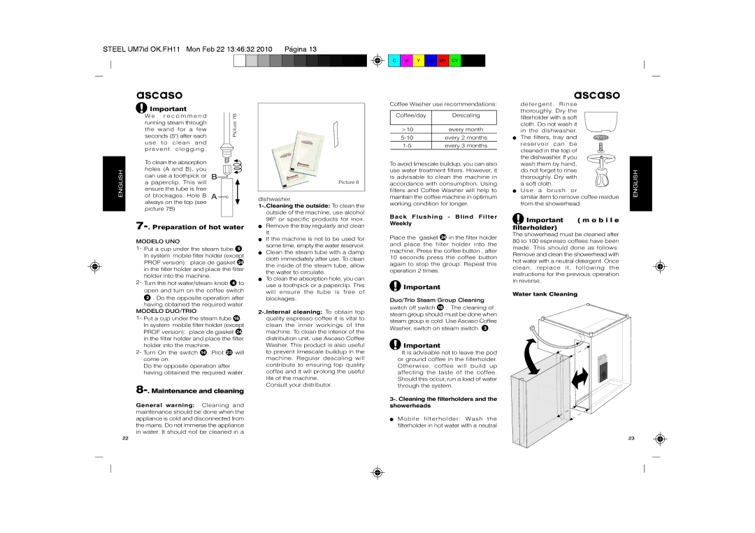 Ascaso Factory 2CDPA, SUbfVbr2 manual Preparation of hot water, Maintenance and cleaning, Important m o b i l e filterholder 