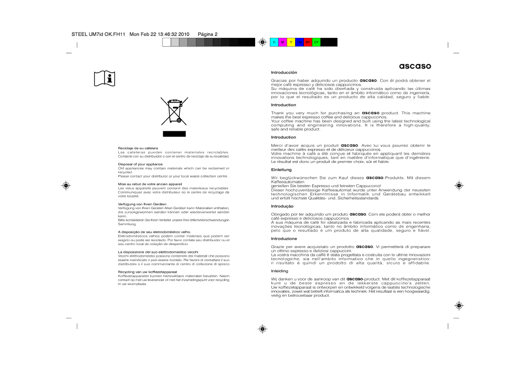 Ascaso Factory 2CSIN, SUbfVbr2, 2CDPA, 2CSDB manual Ascaso, Inleiding 