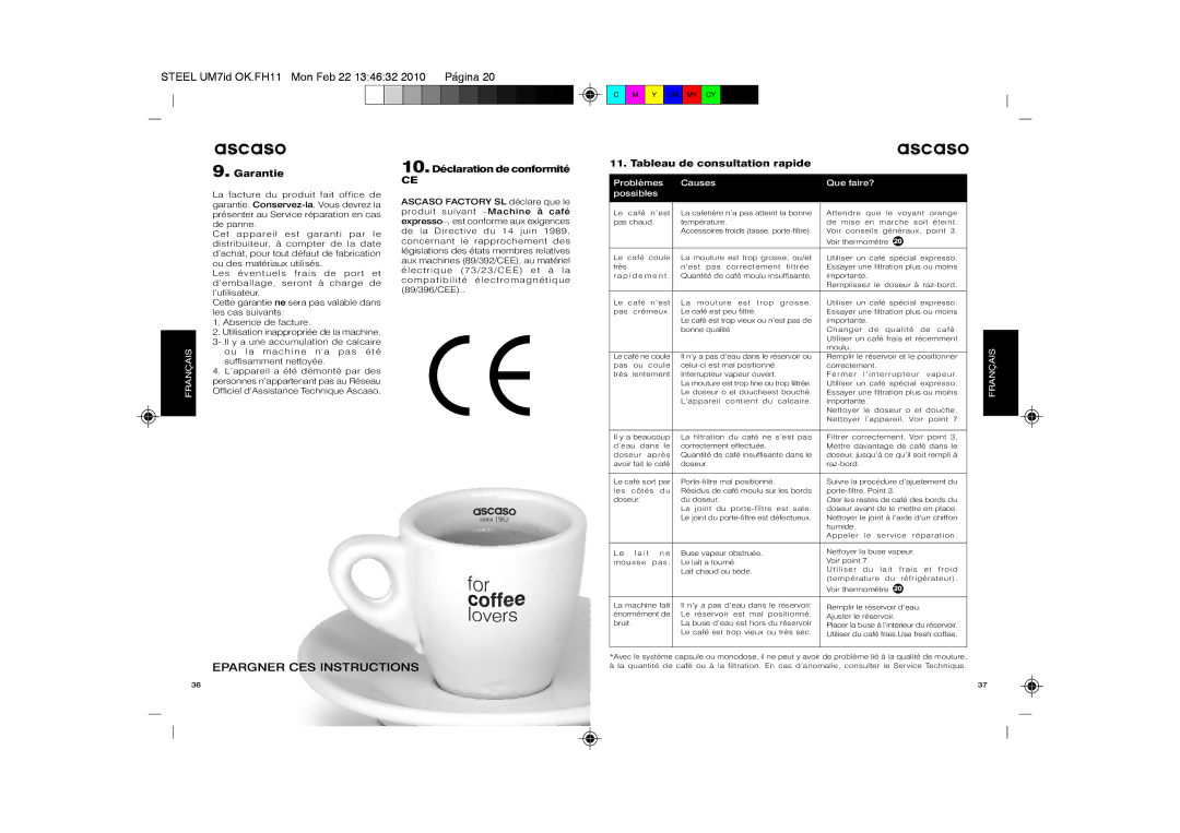 Ascaso Factory SUbfVbr2 Epargner CES Instructions, Garantie, 10.Déclaration de conformité, Tableau de consultation rapide 