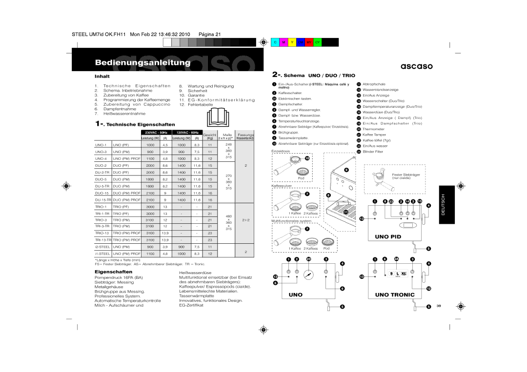 Ascaso Factory 2CDPA, SUbfVbr2, 2CSIN, 2CSDB manual Bedienungsanleitungascaso, Uno, UNO PID UNO Tronic 