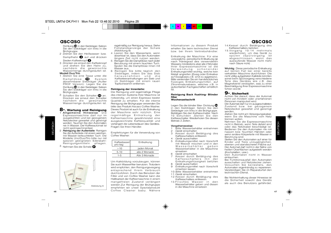 Ascaso Factory 2CDPA, SUbfVbr2, 2CSIN, 2CSDB manual Wartung und Reinigung, Sicherheit, Reinigung der Innenteile 