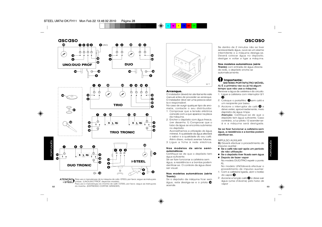 Ascaso Factory SUbfVbr2, 2CDPA, 2CSIN, 2CSDB manual Arranque, Impulso Auxiliar, Nos modelos da série semi- automáticos 