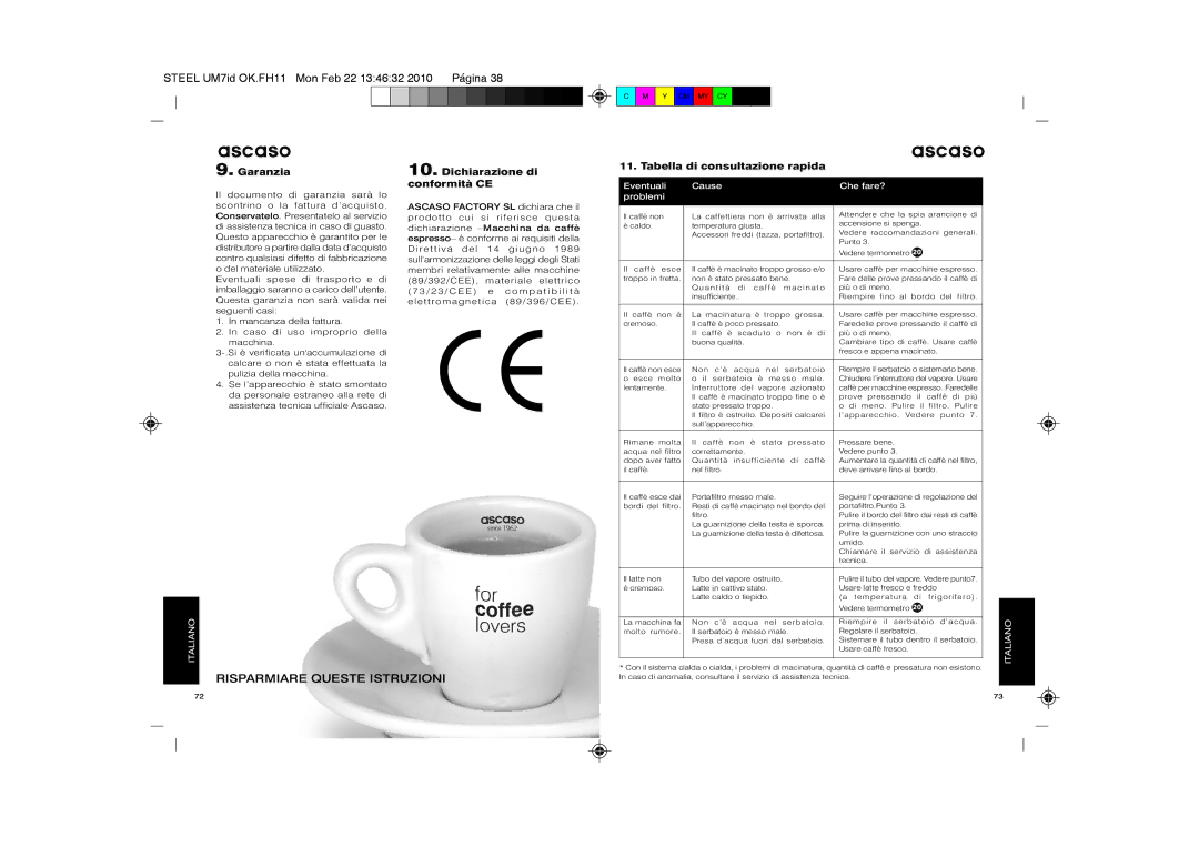 Ascaso Factory 2CSIN, SUbfVbr2, 2CDPA, 2CSDB manual Risparmiare Queste Istruzioni, Garanzia, Dichiarazione di conformità CE 