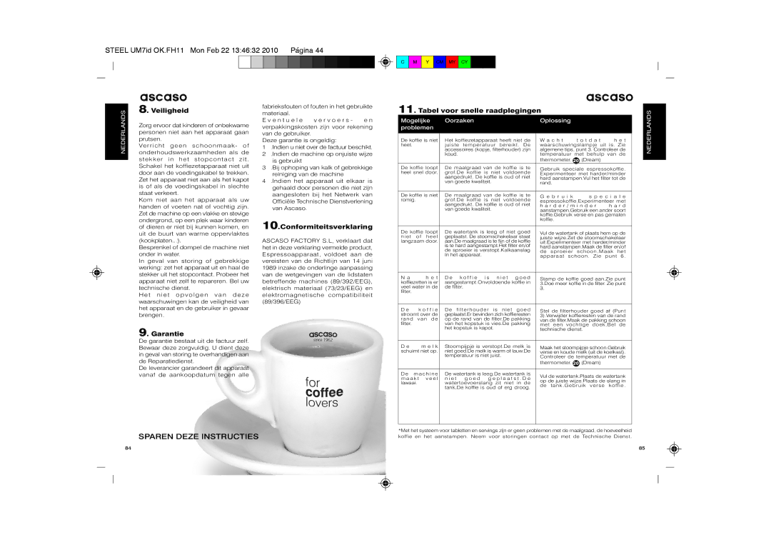 Ascaso Factory SUbfVbr2, 2CDPA, 2CSIN Sparen Deze Instructies, Conformiteitsverklaring, Tabel voor snelle raadplegingen 