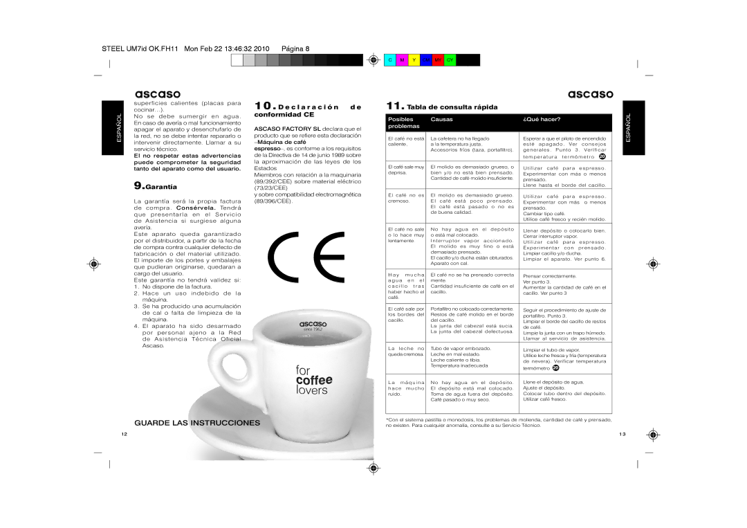 Ascaso Factory SUbfVbr2, 2CDPA, 2CSIN, 2CSDB manual Guarde LAS Instrucciones, Garantía, E c l a r a c i ó n d e conformidad CE 