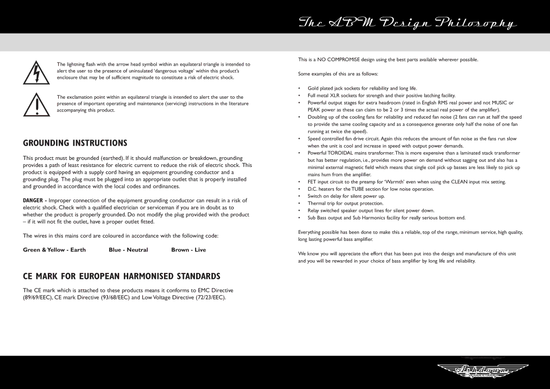 Ashdown Design & Marketing Electric Blue 180, ABM/RPM-1, MAG 300 manual ABM Design Philosophy, Grounding Instructions 