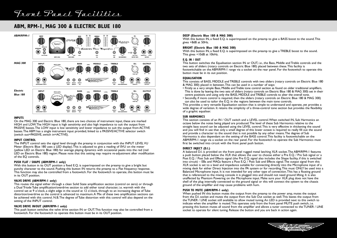 Ashdown Design & Marketing ABM/RPM-1, Electric Blue 180 manual Front Panel Facilities, ABM, RPM-1, MAG 300 & Electric Blue 