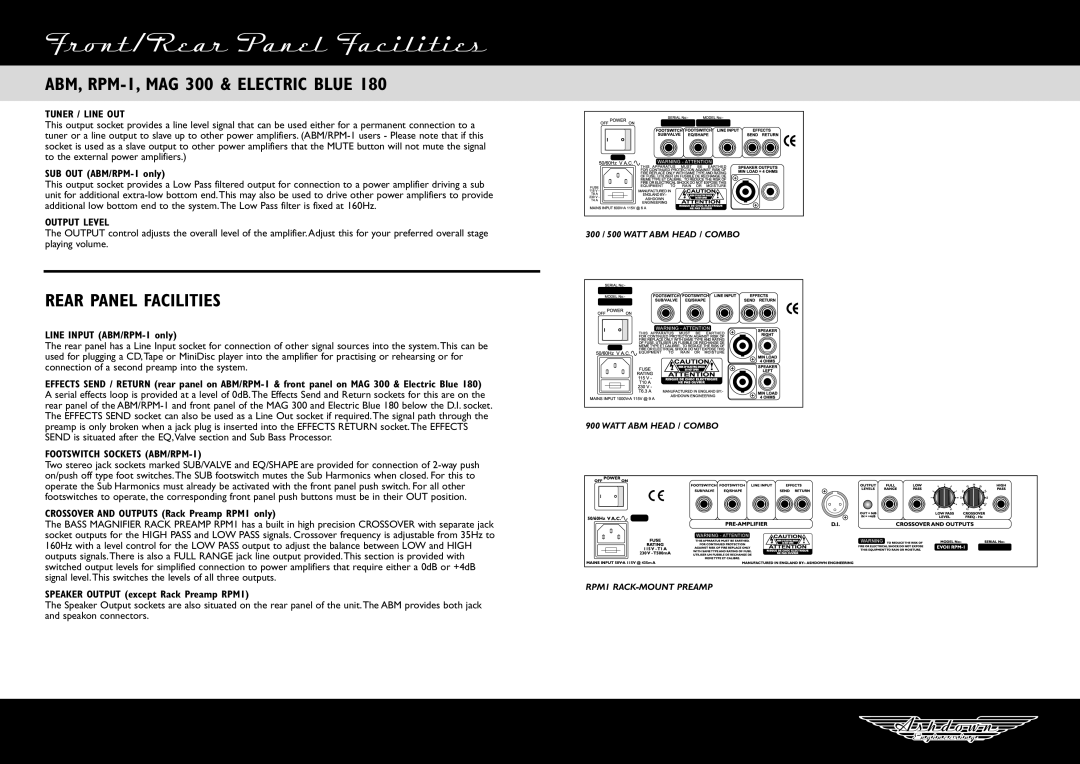 Ashdown Design & Marketing MAG 300, Electric Blue 180 manual Front/Rear Panel Facilities, Tuner / Line OUT, Output Level 