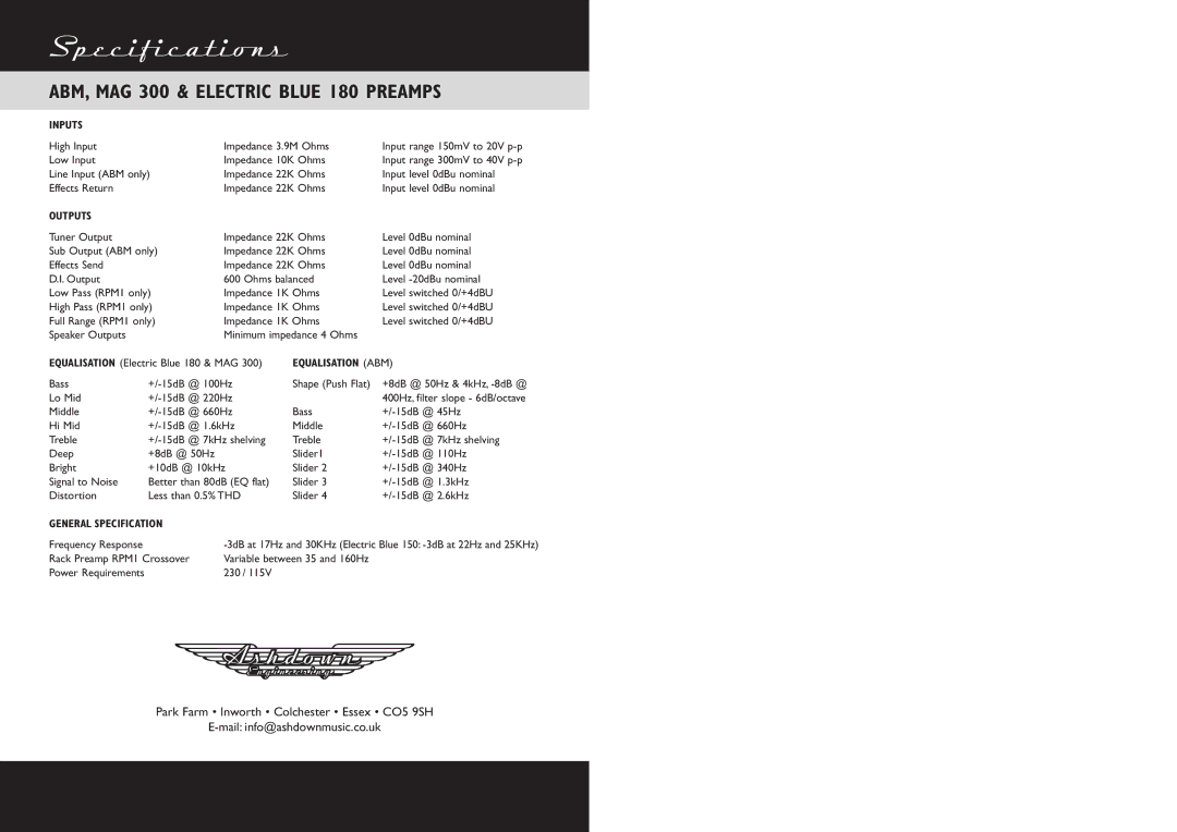 Ashdown Design & Marketing manual Specifications, ABM, MAG 300 & Electric Blue 180 Preamps, Outputs, Equalisation ABM 