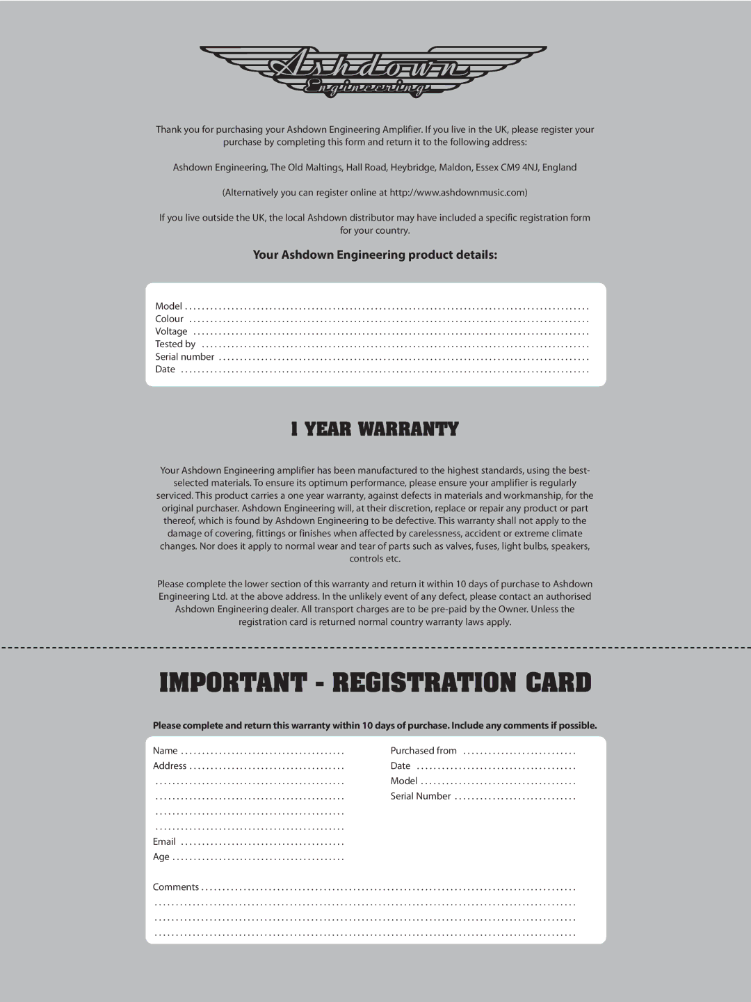 Ashdown Design & Marketing Electric Blue Amplifier manual Important Registration Card 