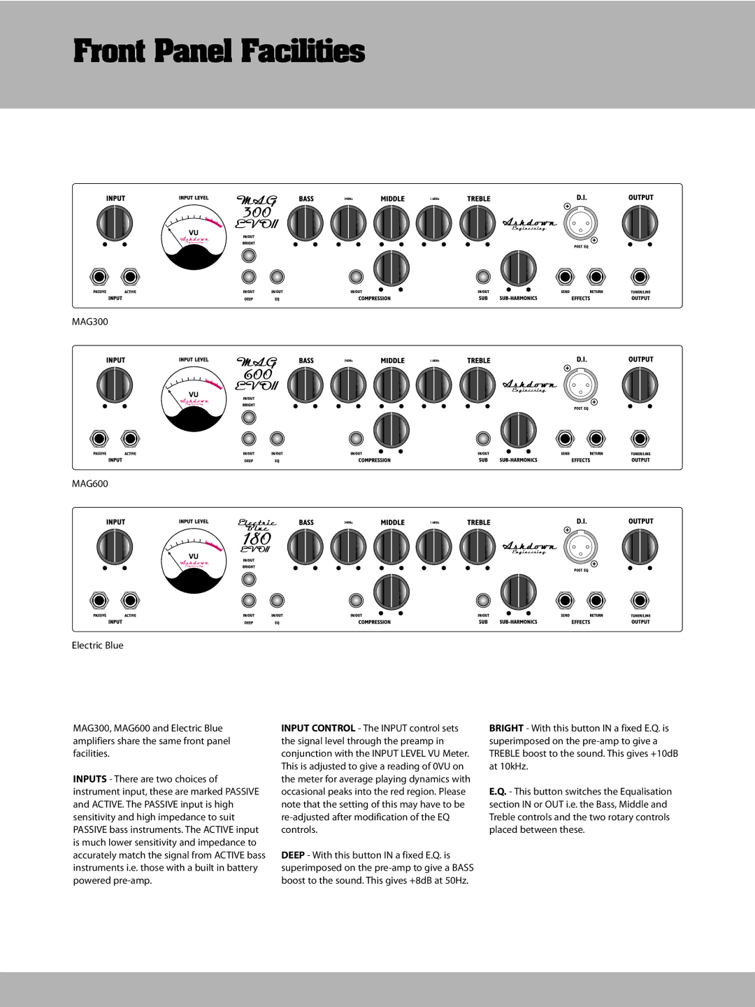 Ashdown Design & Marketing Electric Blue Amplifier manual Front Panel Facilities 