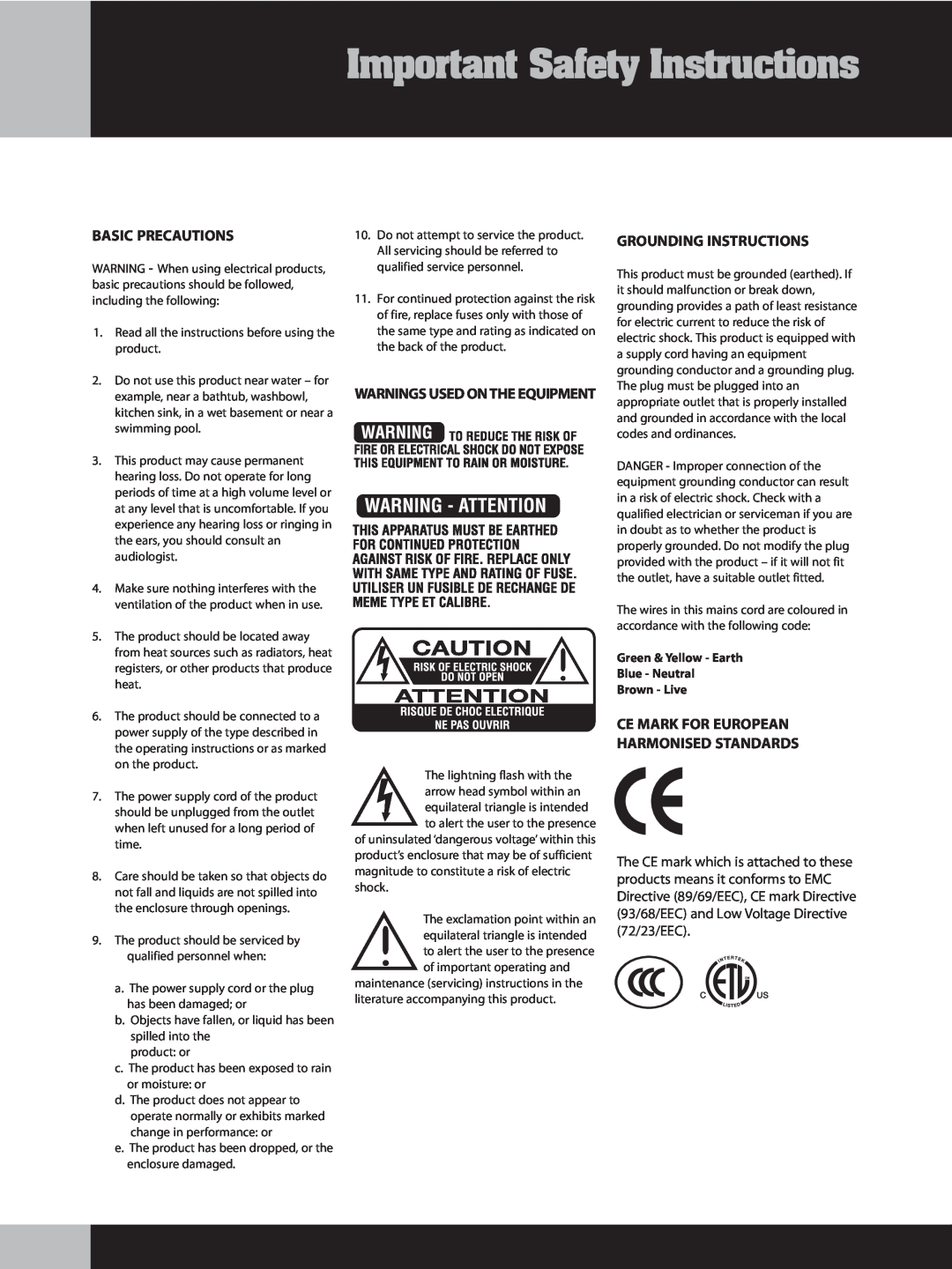 Ashdown Design & Marketing Electric Blue Amplifier manual Basic Precautions, Grounding Instructions, 72/23/EEC 