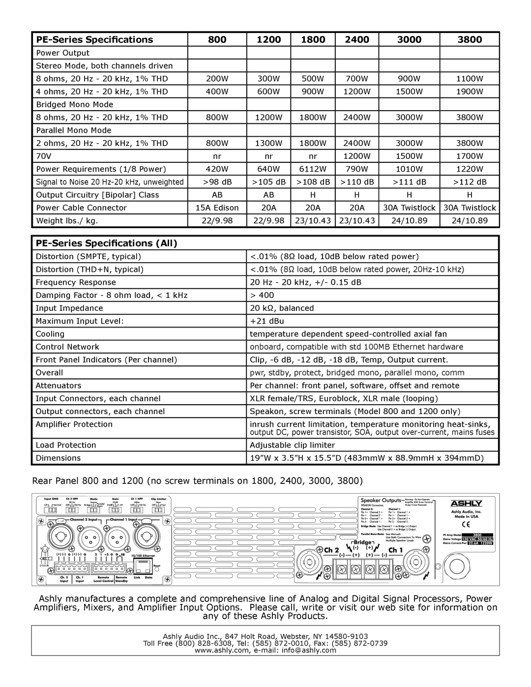 Ashly specifications PE-Series Specifications 800 1200 1800 2400 3000 3800, PE-Series Specifications All 