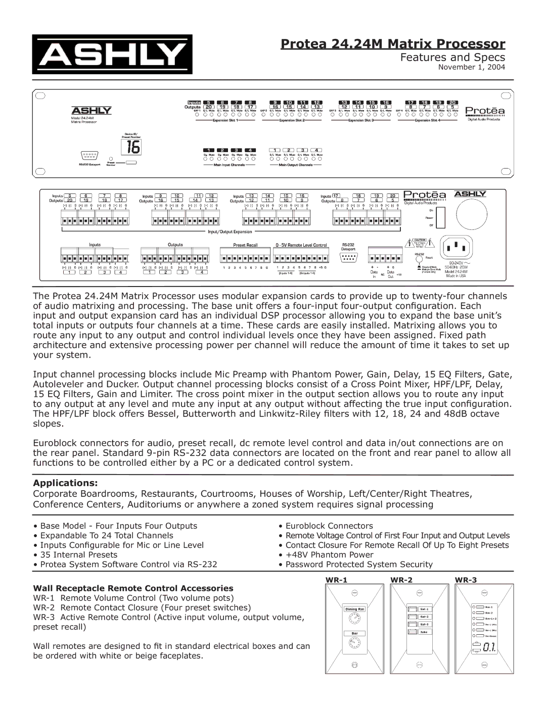 Ashly manual Protea 24.24M Matrix Processor, Features and Specs 
