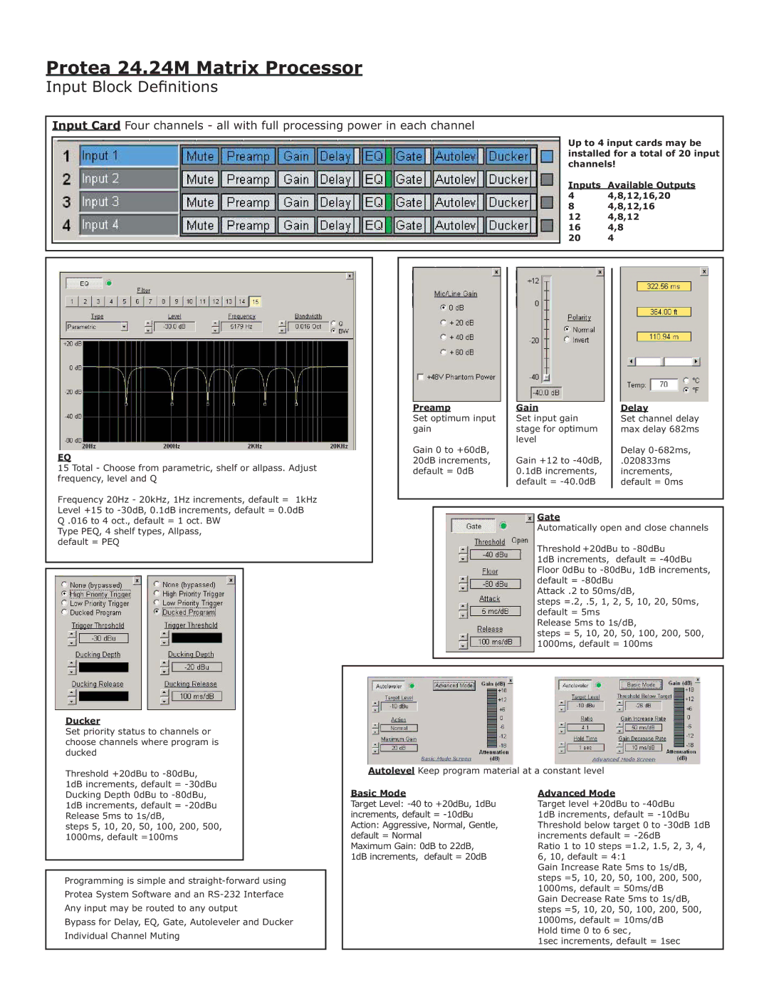 Ashly 24.24M manual Input Block Deﬁnitions, Gate, Ducker, Basic Mode Advanced Mode 