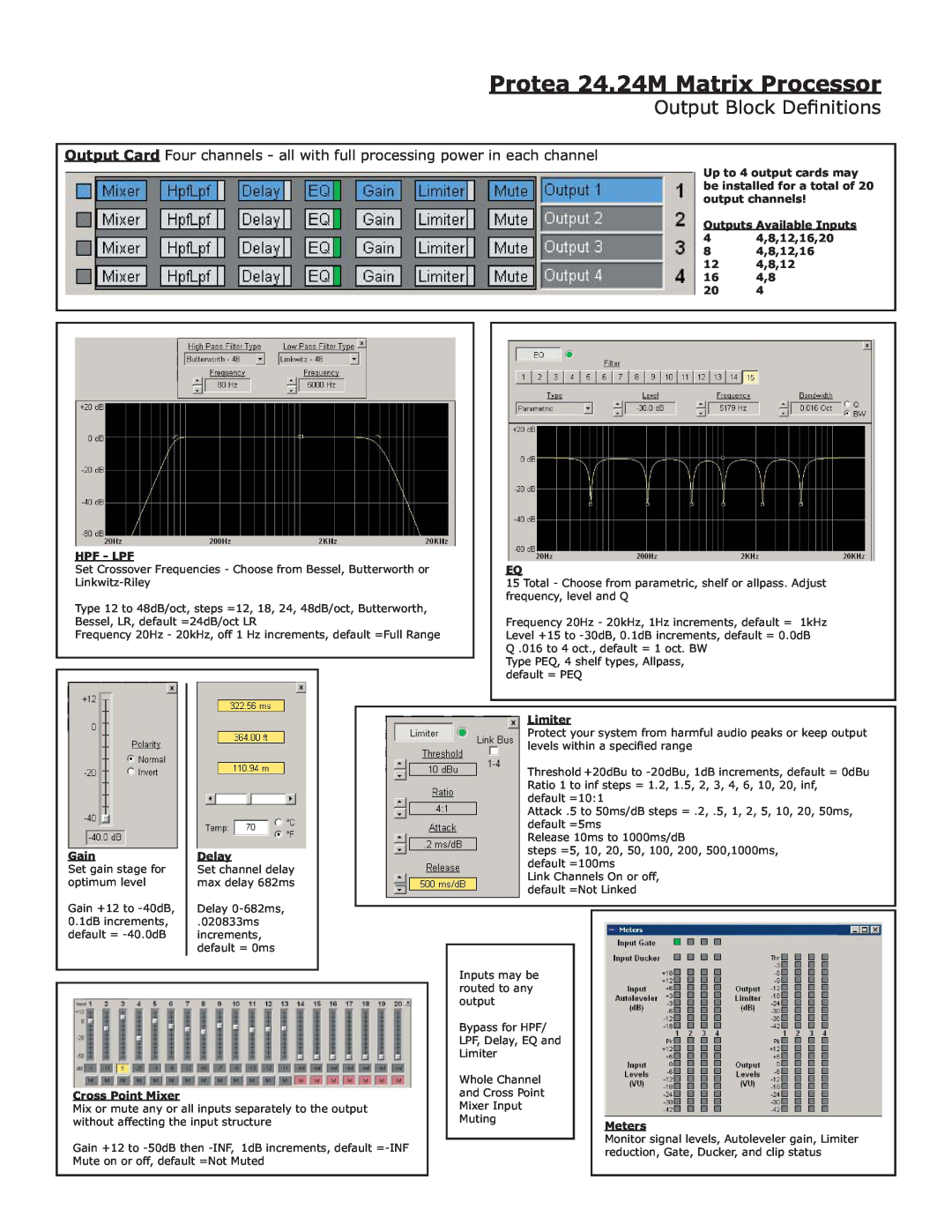 Ashly manual Output Block Deﬁnitions, Protea 24.24M Matrix Processor 