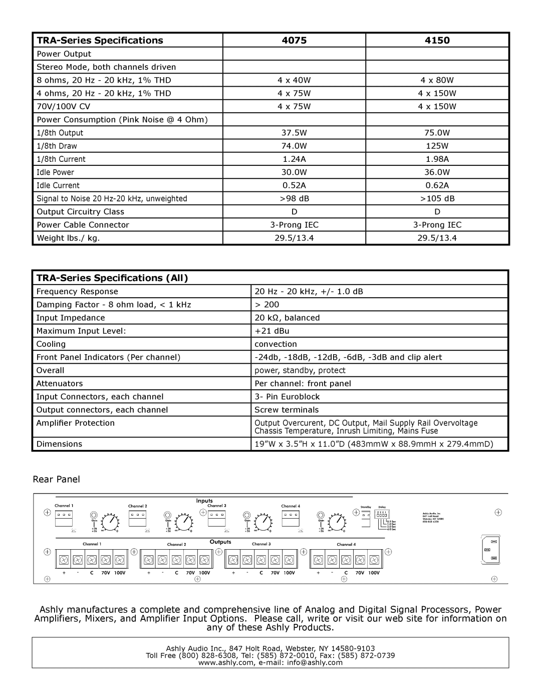 Ashly specifications TRA-Series Specifications 4075 4150, TRA-Series Specifications All 