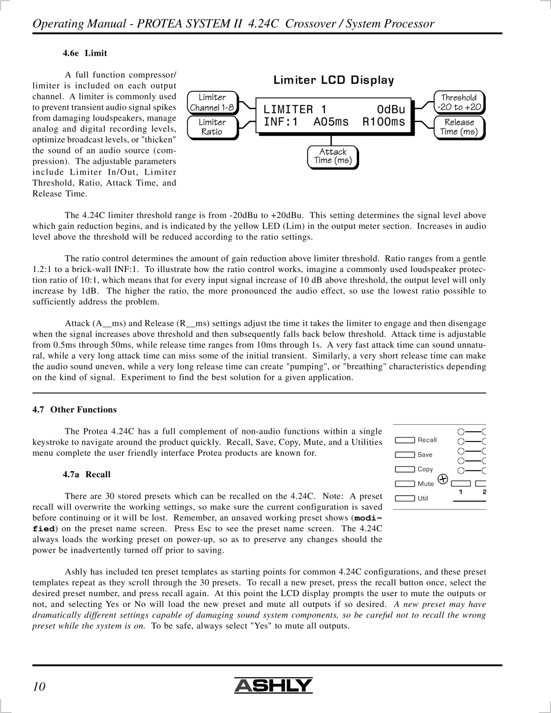 Ashly 4.24C manual Limiter LCD Display, 6e Limit, Other Functions, 7a Recall 