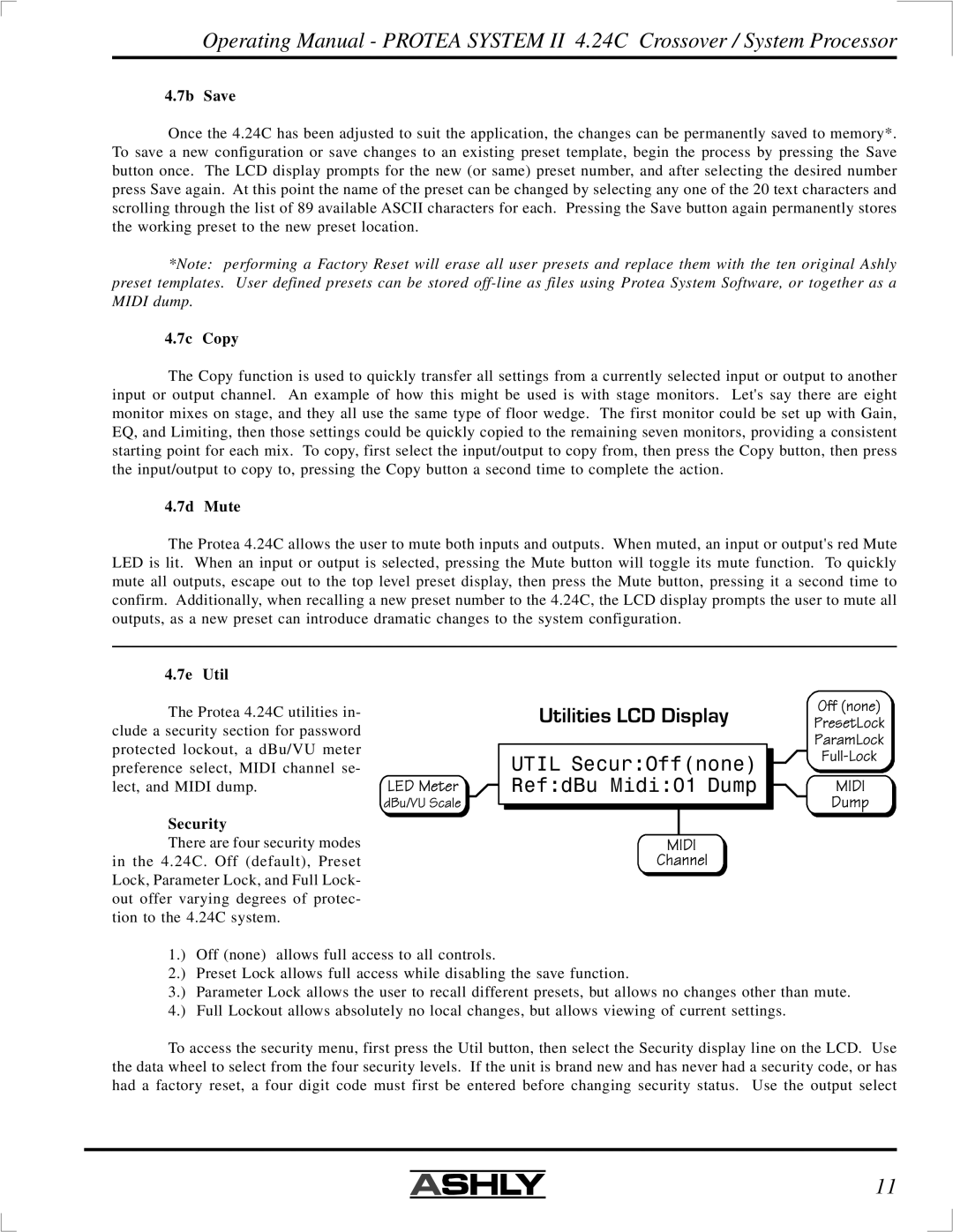 Ashly 4.24C manual 7b Save, 7c Copy, 7d Mute, 7e Util, Security 