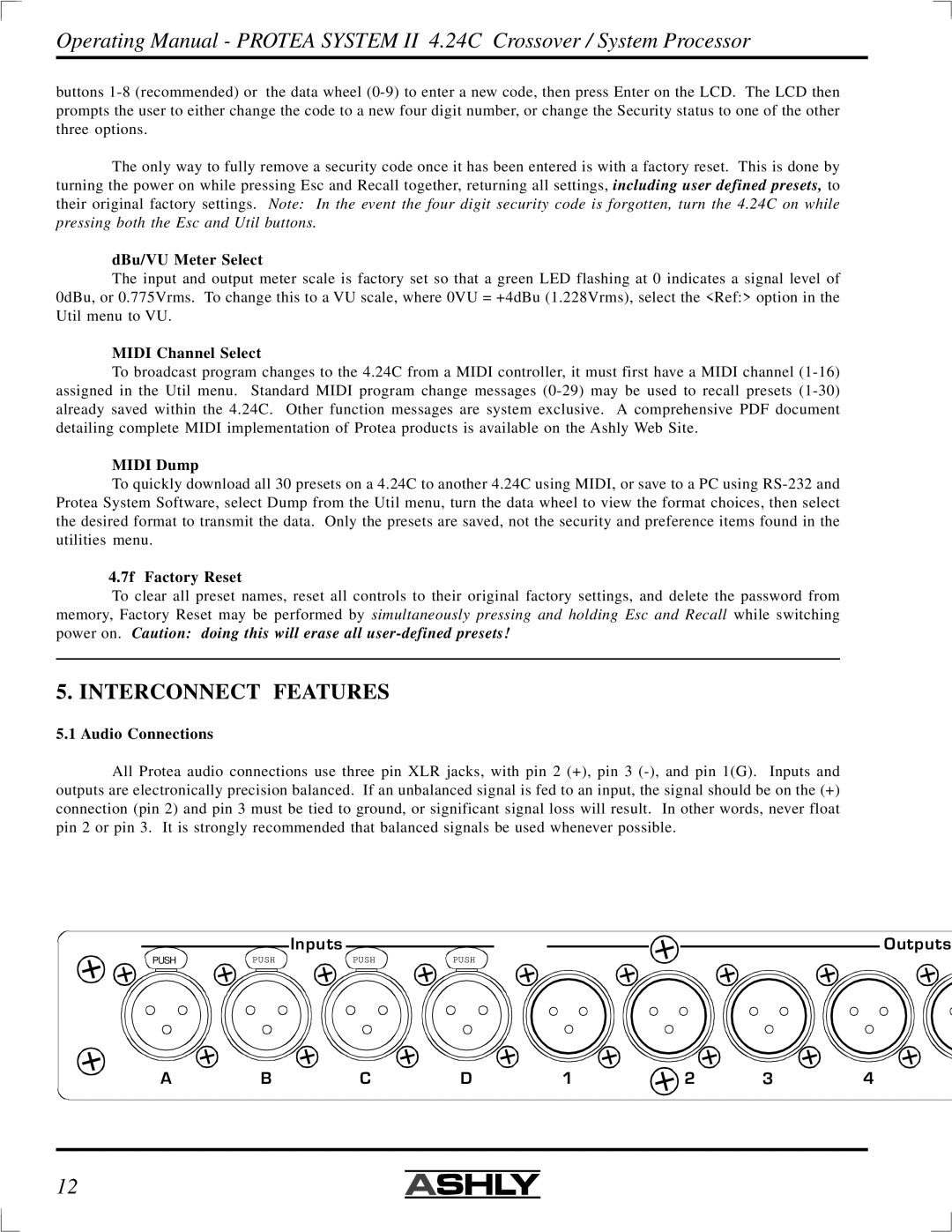 Ashly 4.24C Interconnect Features, DBu/VU Meter Select, Midi Channel Select Midi Dump, 7f Factory Reset, Audio Connections 