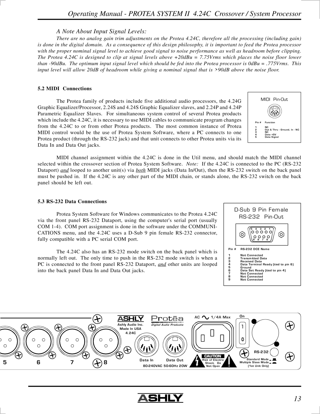 Ashly 4.24C manual Midi Connections, RS-232 Data Connections 