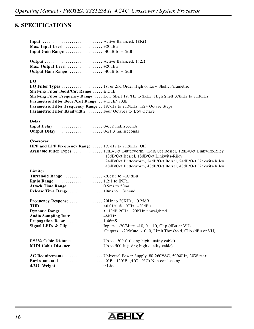 Ashly 4.24C manual Specifications, Delay, Crossover, Limiter 