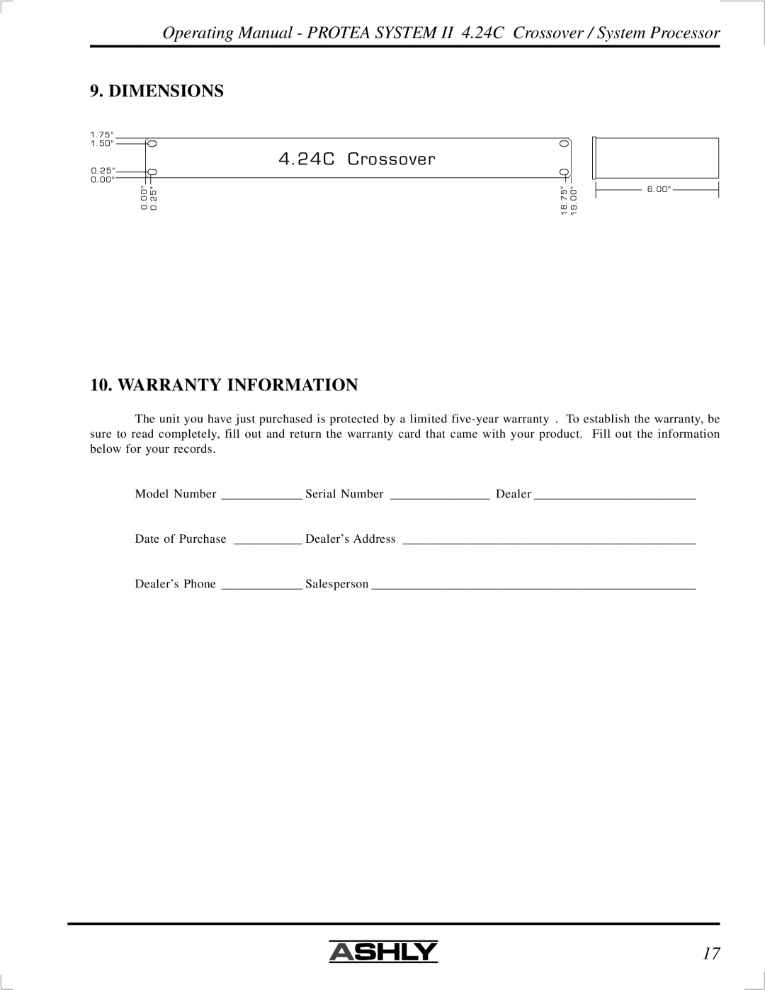 Ashly 4.24C manual Dimensions, Warranty Information 