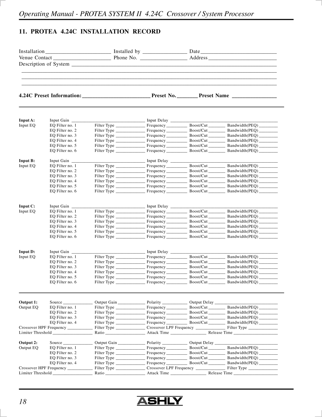 Ashly manual Protea 4.24C Installation Record, 24C Preset Information Preset No. Preset Name 