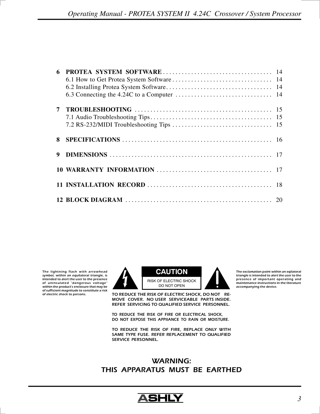 Ashly 4.24C manual This Apparatus Must be Earthed 