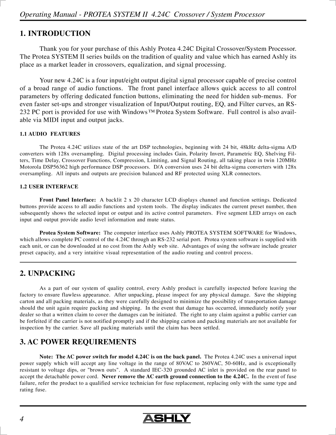 Ashly 4.24C manual Introduction, Unpacking, AC Power Requirements 