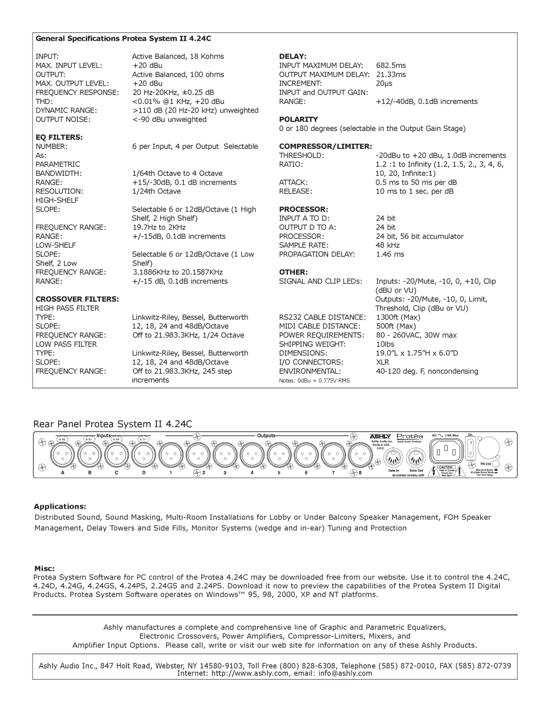 Ashly 4.24C specifications Delay, Polarity, EQ Filters, Processor, Other, Crossover Filters 