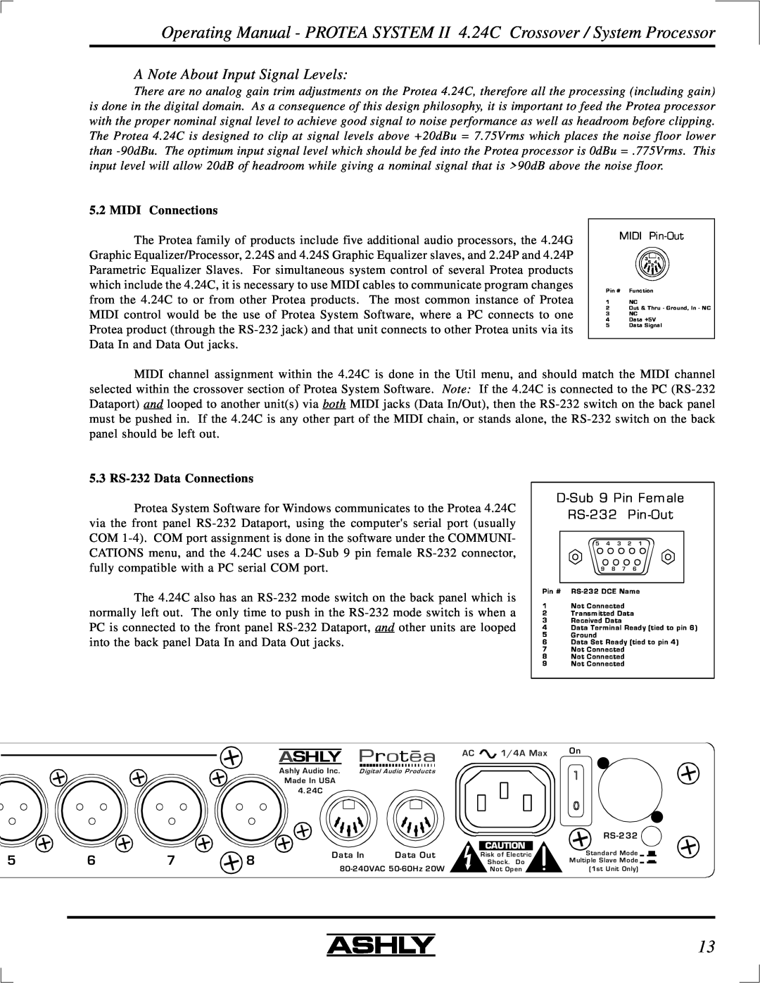 Ashly 4.24C manual A Note About Input Signal Levels, D-Sub9 Pin Female RS-232 Pin-Out, MIDI Connections 
