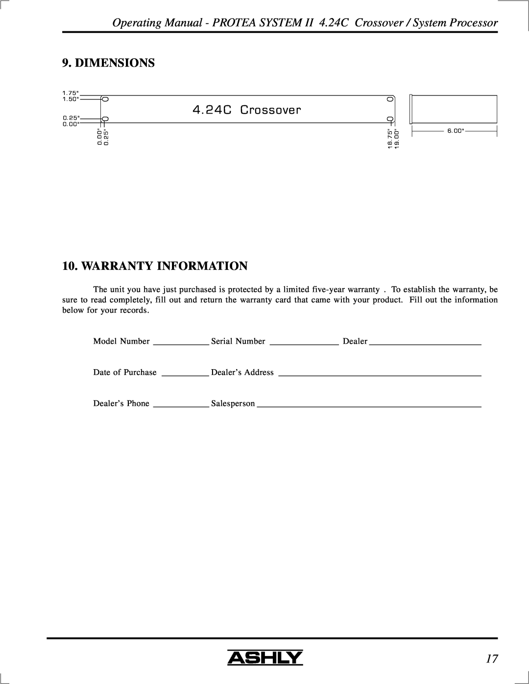 Ashly 4.24C manual 4. 24C, Crossover, Dimensions, Warranty Information 