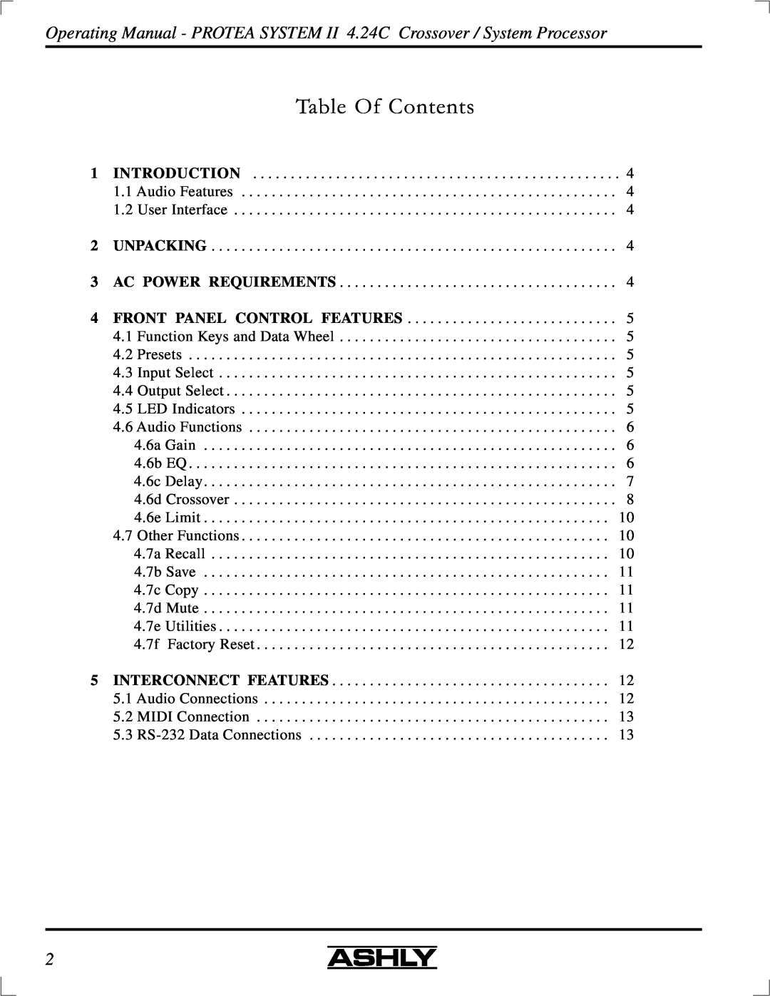 Ashly 4.24C manual Table Of Contents 