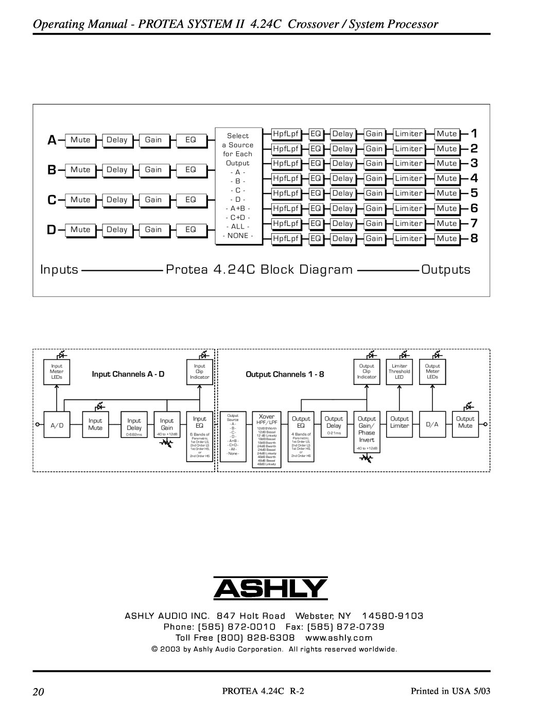 Ashly 4.24C Inputs, Protea 4. 24C Block Diagram, Outputs, 1 2 3, A / D, A S H LY AUDIO INC . 847 Holt Road, Webster, NY 