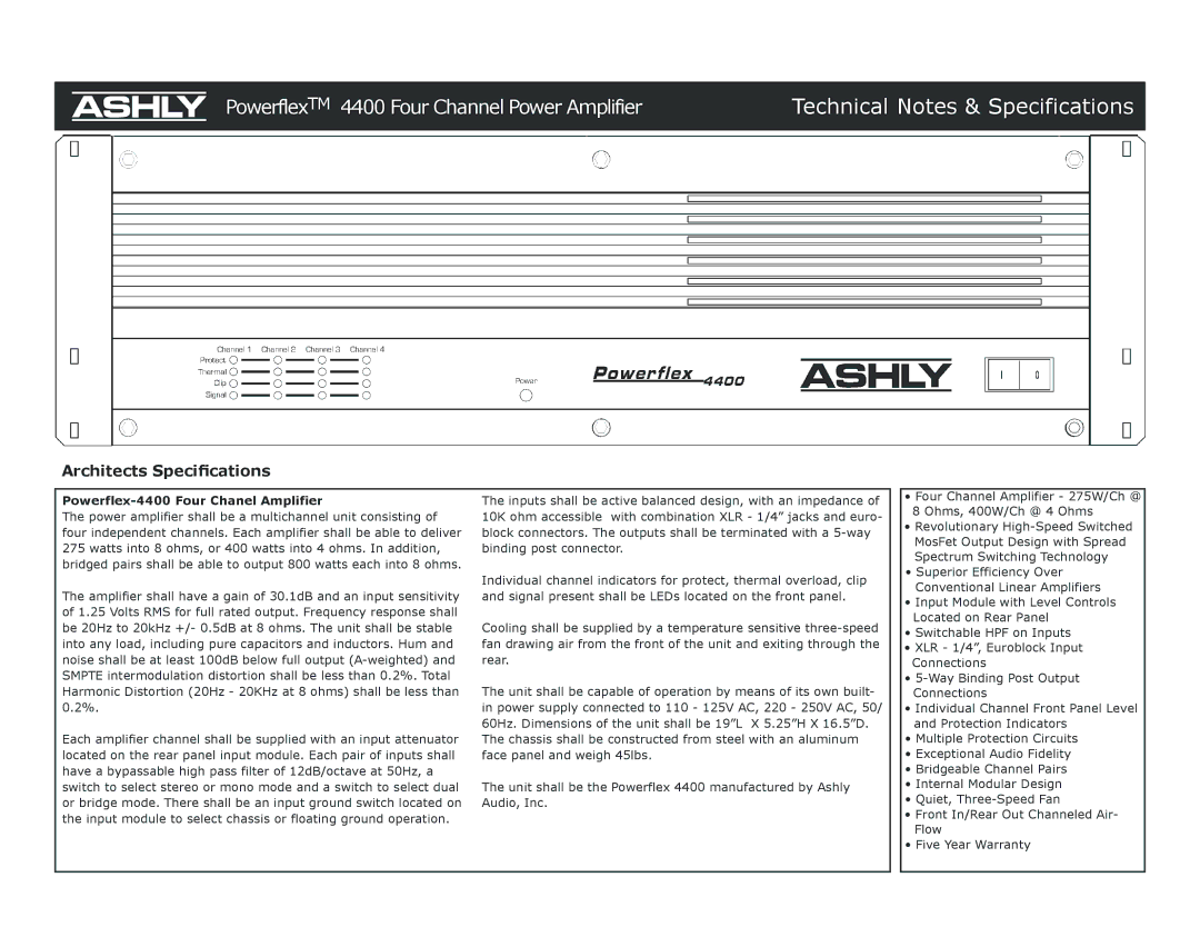 Ashly specifications Technical Notes & Specifications, Architects Speciﬁcations, Powerflex-4400 Four Chanel Amplifier 