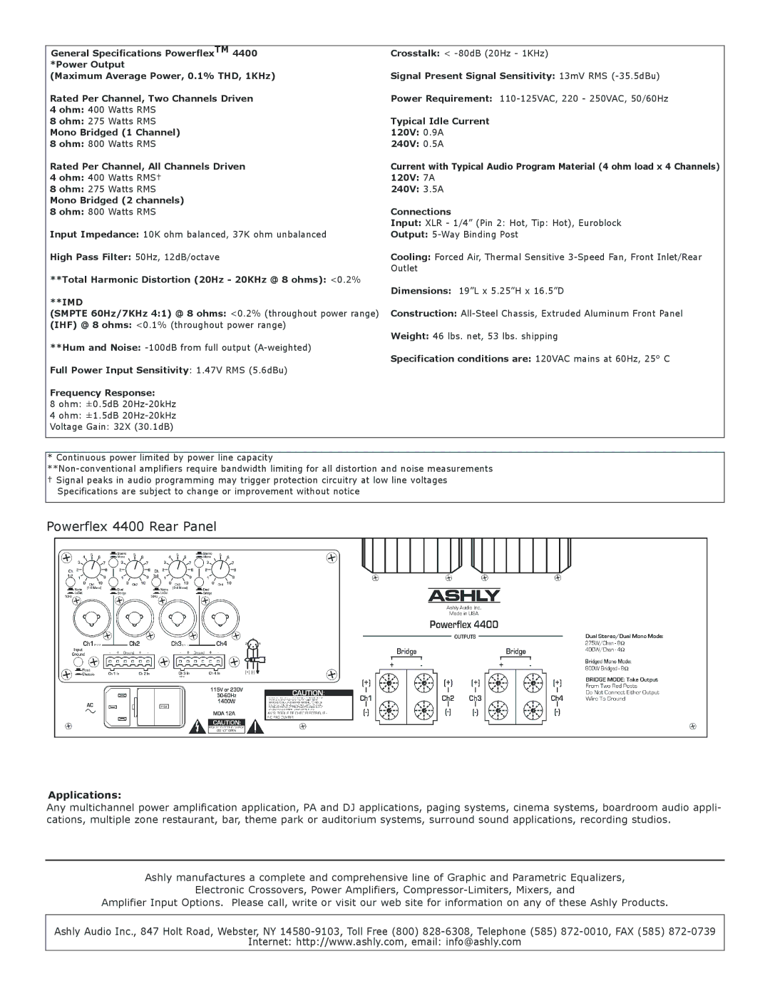 Ashly specifications Powerflex 4400 Rear Panel, Applications, Imd 