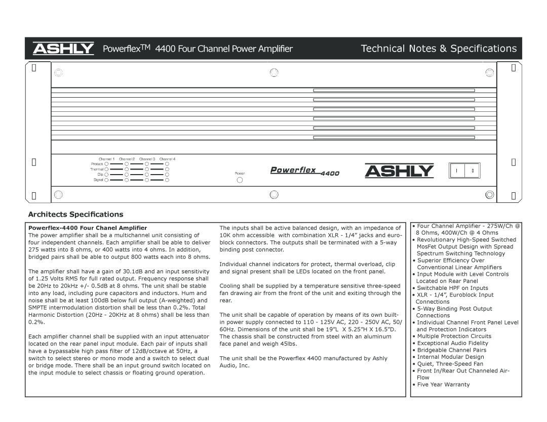 Ashly specifications Powerflex-4400Four Chanel Amplifier, Technical Notes & Specifications, Architects Speciﬁcations 