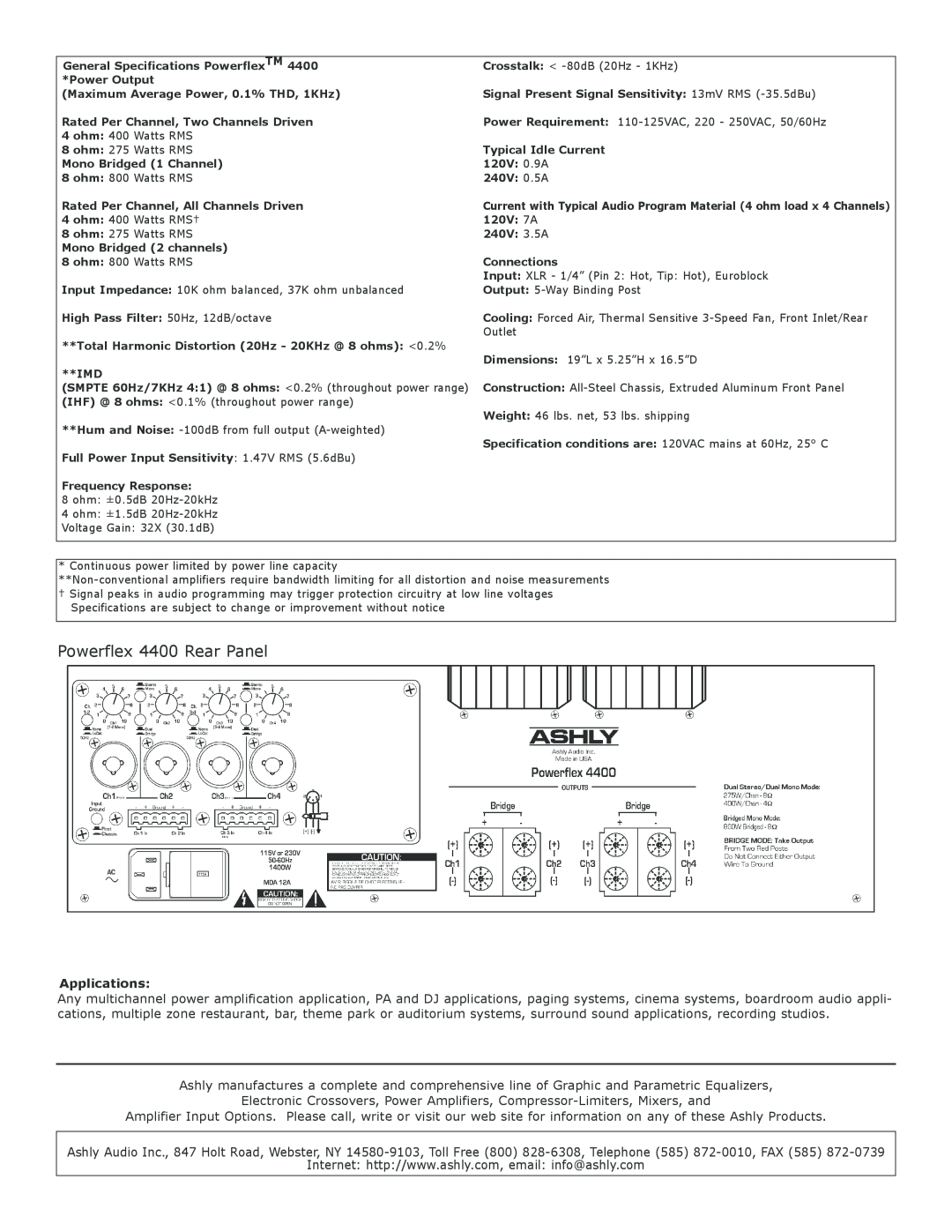 Ashly specifications Applications, Powerflex 4400 Rear Panel 