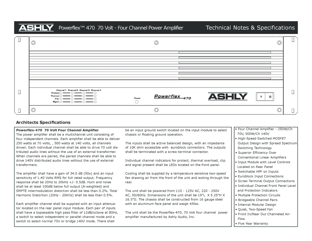 Ashly 470 specifications Technical Notes & Specifications, Architects Speciﬁcations 